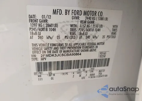 2012 Ford Edge Sel from USA, damaged, VIN 2FMDK3JC5CBA90864